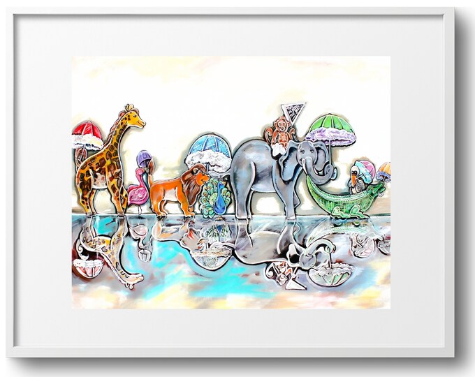 They All Asked For You Reflection, Children Art on Paper, Canvas, or Matte, Nursery Wall Decor, Parading Animals, Sizes Vary