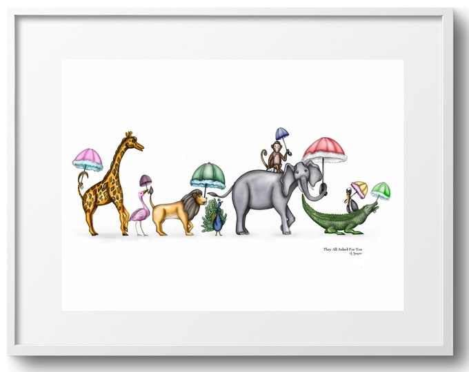 They Asked For You In Watercolor, Parading Animal Second Line Children's Wall Art, Various Reproduction Sizes,  Premium Horizontal Print
