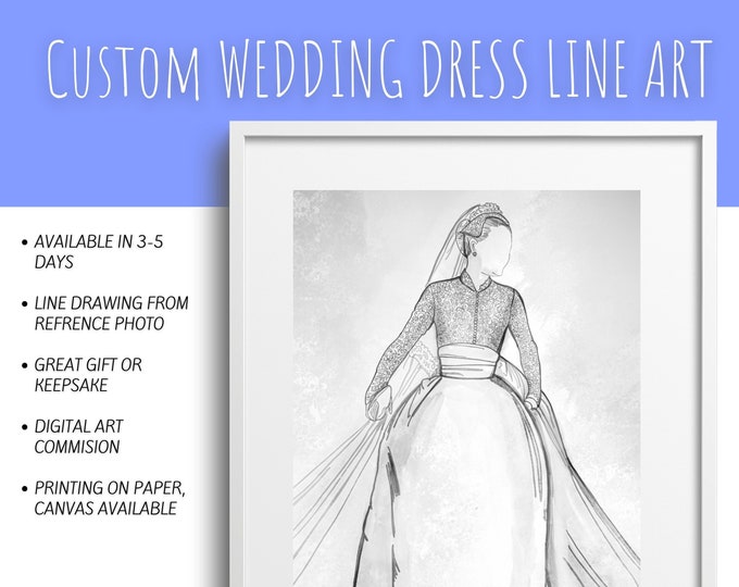 Custom Line Art Wedding Dress, Digital Art, Watercolor Wash JPEG or TIFF File, Various Sizes, Personalized Wedding Gift or Favor