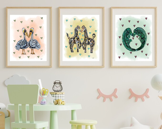 Animal Heart, Giraffe, Alligator, Pelican, Art Print Bundle, Whimsical Decor for Kids' Playrooms and Nurseries, Sizes Vary