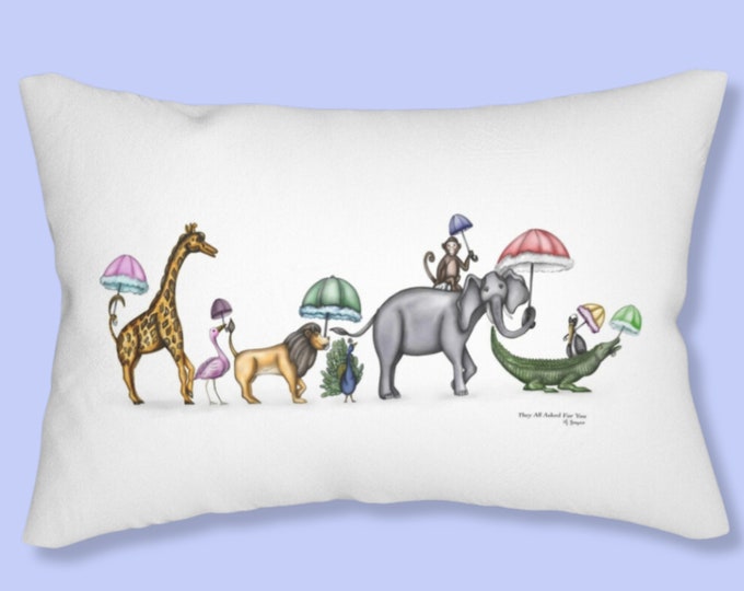 They All Asked For You, Spun Polyester Lumbar Pillow, Parading Animal Watercolor Art, Baby Nursery or Children's Home Decor