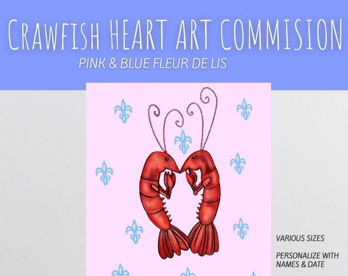 Pink Blue Crawfish Heart, Fleur De Lis Accent, Customizable Gift r Wall Art, Various Sizes on Canvas, Great Wedding, House Welcoming Gift