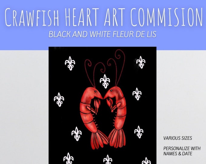 Black White Crawfish Heart, Fleur De Lis Accent, Customizable Gift r Wall Art, Various Sizes on Canvas, Great Wedding, House Welcoming Gift