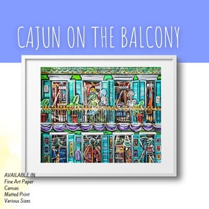 Cajun On the Balcony, Bourbon Street Scene Art, Alligator and Pelican Fun Art, Bright Color on Canvas, Paper, or Matte, Sizes Vary image 2