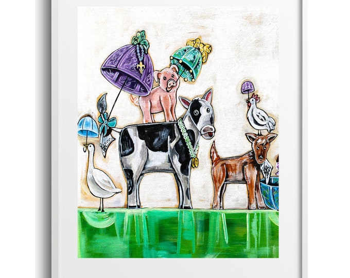 The Barnyard Second Line, Parading Animal Second Line Children's Wall Art, Various Reproduction Sizes, Print on Paper, Canvas, Matte