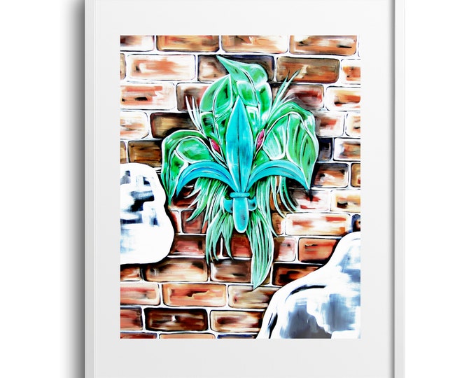 Fleur De Lis On Brick- Teal Fleur de Lis with Banana Leaves Fine Art Print, Laundry Room Art, Kitchen Wall Art, Bathroom Art Sizes Vary