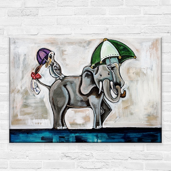Dancing On The Line | Canvas Gallery Wraps | Elephant and Pelican Parading Animal Wall Art | Various Sizes