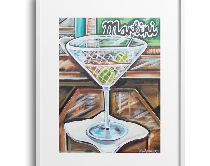 The Olive Martini, Fine Art Decor on Paper, Canvas, or Framed Canvas Print, Various Sizes, Bar Cart Art, Kitchen Wall Art