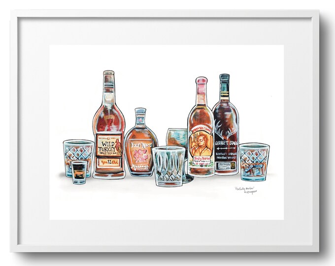 Kentucky Bourbon Sketch, All The Best Whiskies, Fine Art Print on Paper, Canvas, or Matted Print, Bourbon Lover Gift, Various Sizes