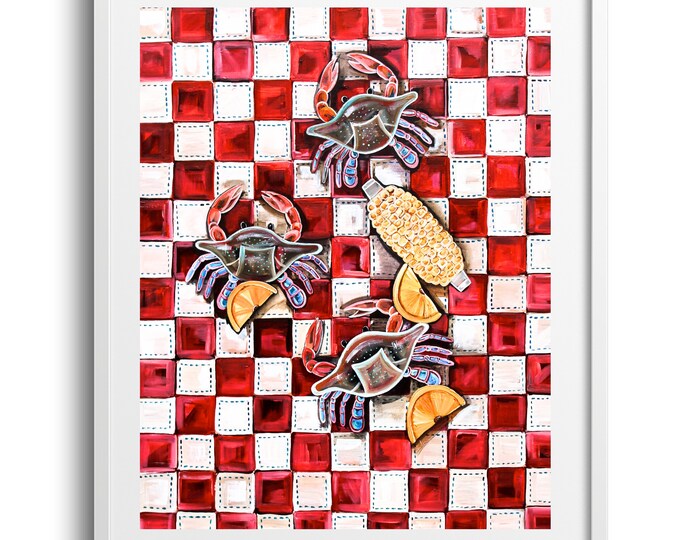 Crab Boil, Red Picnic Tablecloth, Vibrant Kitchen Wall Art and Decor on Canvas, Paper, or Matte, Various Sizes