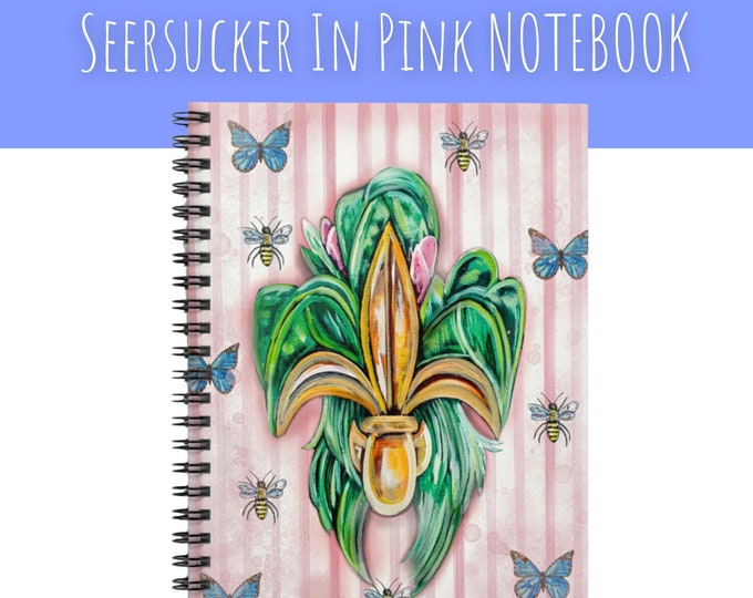 Seersucker In Pink - Ruled Line Spiral Notebook with Gold Fleur De Lis, Butterflies, and Honey Bees