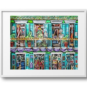 Cajun On the Balcony, Bourbon Street Scene Art, Alligator and Pelican Fun Art, Bright Color on Canvas, Paper, or Matte, Sizes Vary image 1