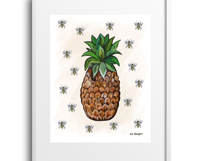Pineapple and Honey Bees, Pastel Color Wall Art, Perfect Housewarming Gift, Various Sizes
