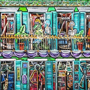 Cajun On the Balcony, Bourbon Street Scene Art, Alligator and Pelican Fun Art, Bright Color on Canvas, Paper, or Matte, Sizes Vary image 4