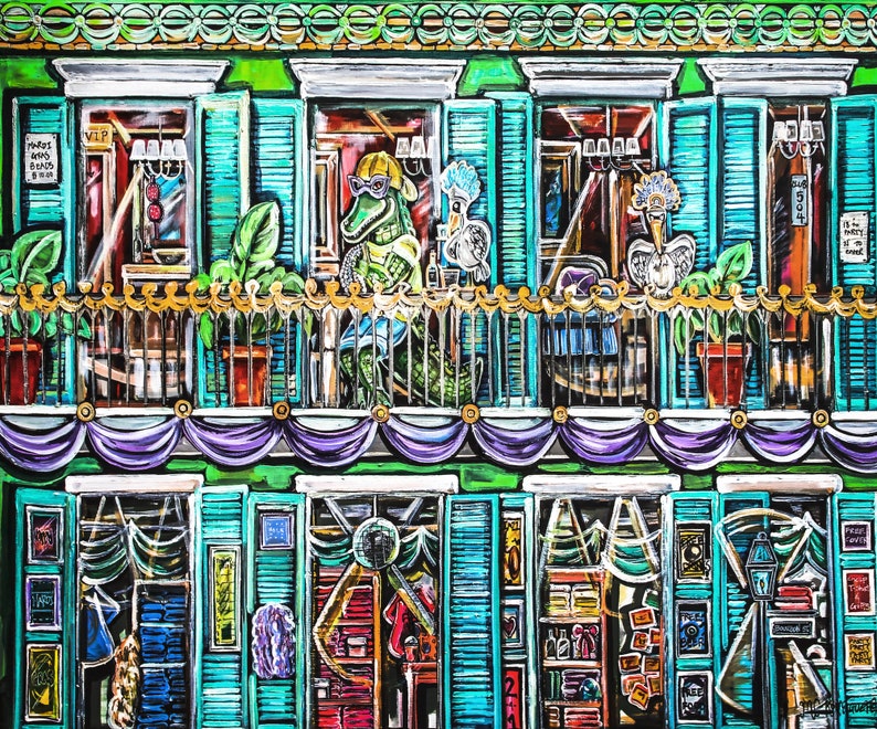 Cajun On the Balcony, Bourbon Street Scene Art, Alligator and Pelican Fun Art, Bright Color on Canvas, Paper, or Matte, Sizes Vary image 4