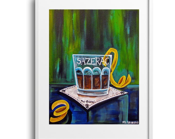 Sazerac Classic, Louisiana Cocktail Inspired Fine Art on Canvas, Paper, and Matted Print, Various Sizes, Great Gift or Bar Art