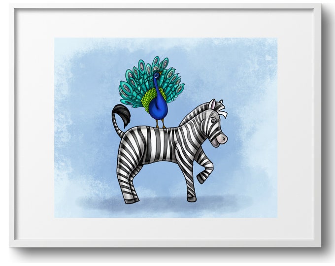Zebra and Peacock In Blue, Cute Children's Wall Art, Various Reproduction Sizes,  Horizontal Print on Paper, Canvas, or Matted Print