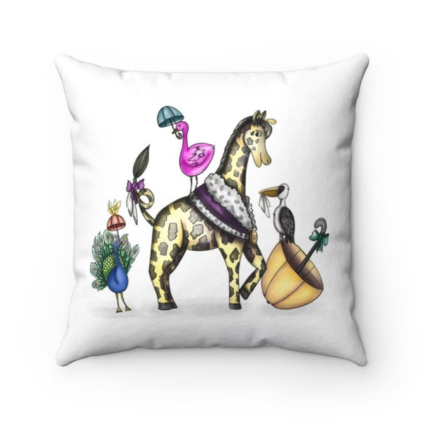 Happy Second Line Pillow | Spun Polyester Square Pillow | Animal Watercolor Children's Accent Pillow | Cover and Pillow Included