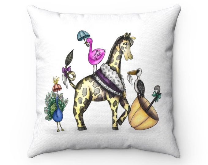 Happy Second Line Pillow | Spun Polyester Square Pillow | Animal Watercolor Children's Accent Pillow | Cover and Pillow Included