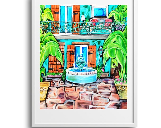 Teal Courtyard Study, New Orleans Architecture Fine Art Bright, French Quarter Scene, Reproduction on Paper, Matte, Canvas, Sizes Vary