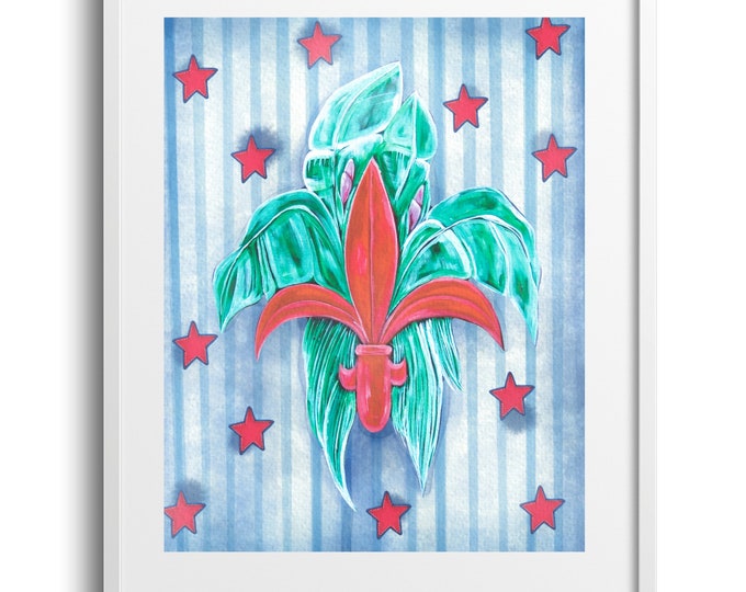 Independence Fleur De Lis - USA Theme with Stars and Strips, Wall Art on Paper, Canvas, or Matte, Various Sizes