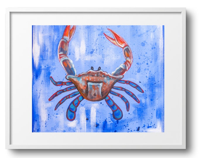 A Little Crabby, Marine Life Vibrant Colors, Coastal Living Room, Bedroom, or Bathroom Decor, Fine Art Print on Canvas, Paper, or Matte