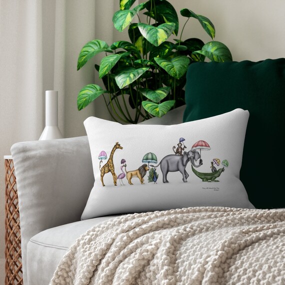 They All Asked For You, Spun Polyester Lumbar Pillow, Parading Animal Watercolor Art, Baby Nursery or Children's Home Decor