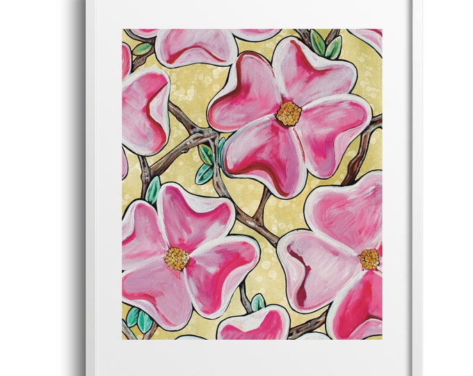 Pink Flowers On Gold, Bright Floral Pattern Wall Art, Great for Nursery, Kitchen or Bathroom Decor, Sizes Vary On Canvas, Paper, or Matte