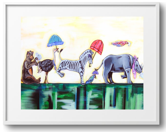 Jungle Promenade, Parading Animal Second Line Children's Wall Art, Various Reproduction Sizes,  Premium Horizontal Print