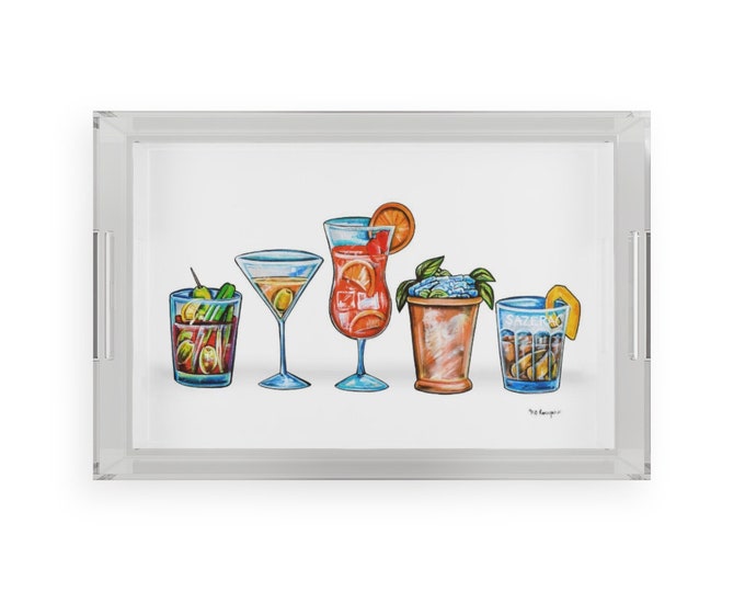 Cocktails  | Acrylic Serving Tray | Bar Decor with Martini, Bloody Mary, Hurricane, Sazerac, and Mint Julep