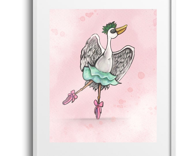 The Pink Ballet, Pelican Dancing Ballet Wall Art on Canvas, Paper, or Matte, Girl Nursery or Toddler's Room, Sizes Vary
