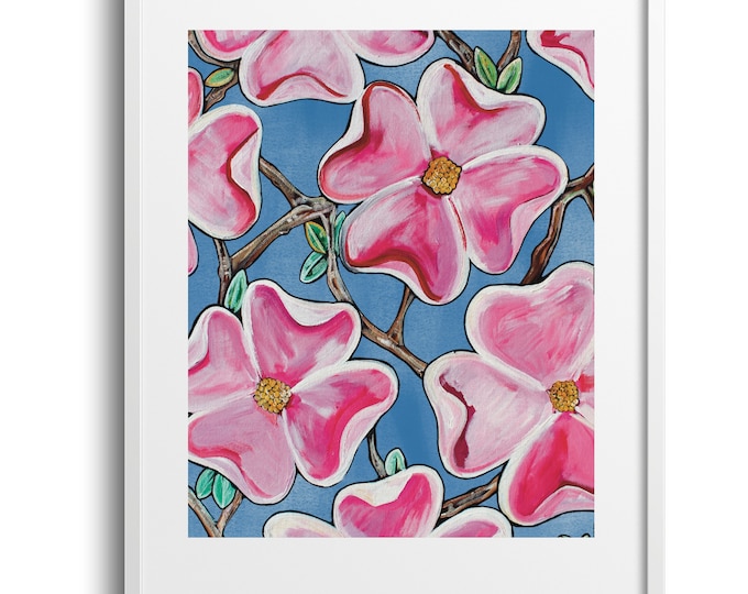 Pink Flowers On Blue, Bright Floral Pattern Wall Art, Great for Nursery, Kitchen or Bathroom Decor, Sizes Vary On Canvas, Paper, or Matte
