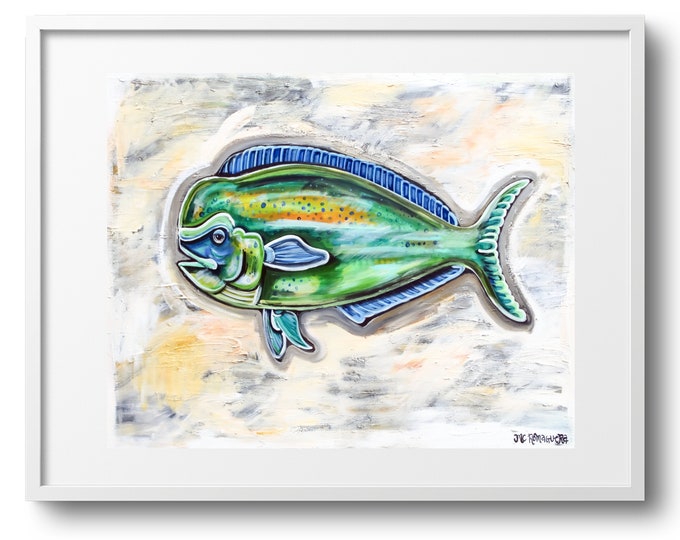 Mahi Mahi In White, Fun Marine Life Wall Art, Fish Decor for Coastal Design, Fine Art Print on Canvas, Paper, or Matte, Various Sizes