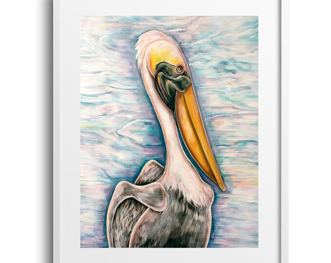 Pelican Sunrise, Bird Wall Art, Water Landscape Decor on Canvas, Paper, or Matte, Various Sizes, Soft Pastel Colors