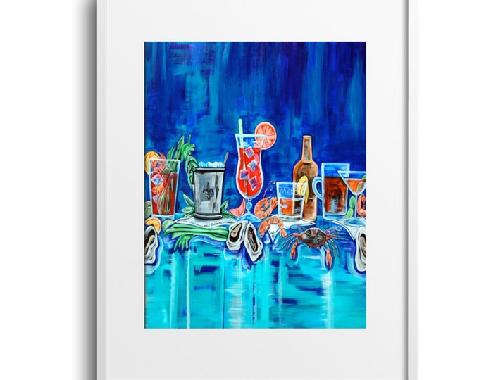 Drinks Before Dinner In Blue, Fine Art Wall Decor On Paper, Gallery Wrapped Canvas, or Matted Print, Various Sizes, Cocktail Inspired Art