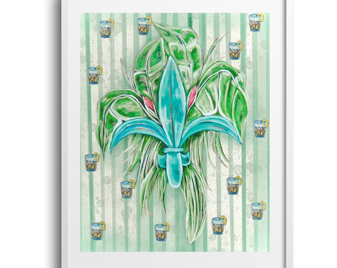 Seersucker Sazerac - Teal Fleur de Lis with Banana Leaves Fine Art Print (For the Discerning Gentleman), Bar Cart Wall Art, Sizes Vary