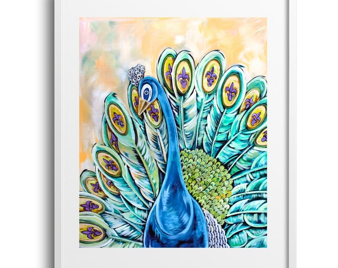 Fleur De Lis Feathers, Peacock Wall Art, Vibrant Colors, Living Room, Bedroom, or Bathroom Decor, Fine Art Print on Canvas, Paper, or Matte