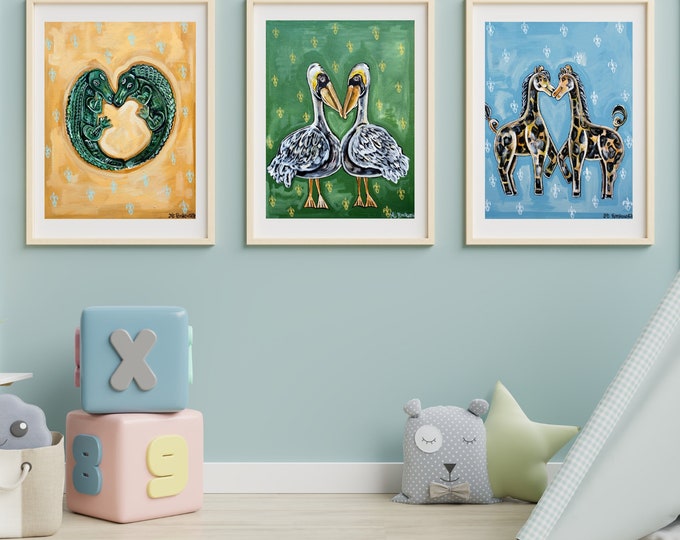 Animal Art Print Bundle - Alligator Heart, Giraffe Heart, and Pelican Heart - Whimsical Decor for Kids' Playrooms and Nurseries