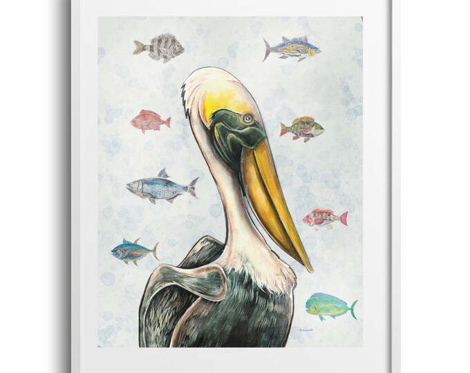 Pelican Dreams, Coast Theme Fine Art Decor with Pelican and Gulf of Mexico Fish, Various Sizes, Bright Colors, Fun Nautical Wall Art