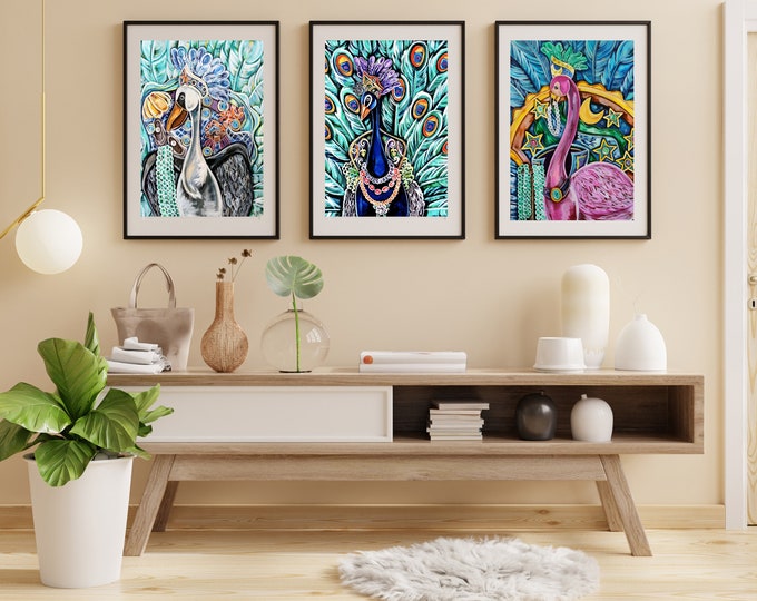 Mardi Gras Print Bundle, Set of 3, Flamingo, Pelican, Peacock Wall Art, Whimsical Decor for Kids' Playrooms and Nursery, Sizes Vary