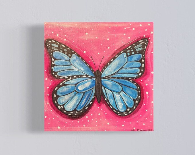 Blue Butterfly, Acrylic On Canvas, Square Gallery Wrapped Canvas, 10" by 10", Pink And White Background