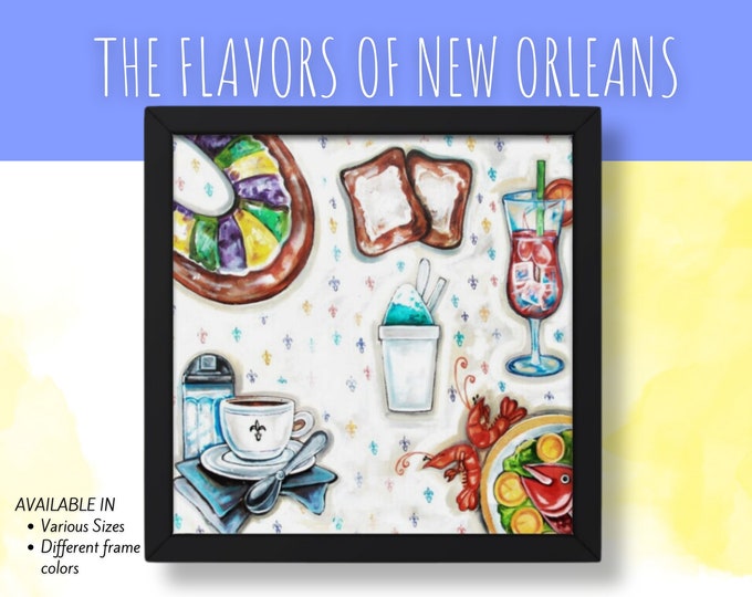 Flavors of New Orleans, Framed Square Canvas Print, Choose between Black or Walnut Frame, Various Sizes