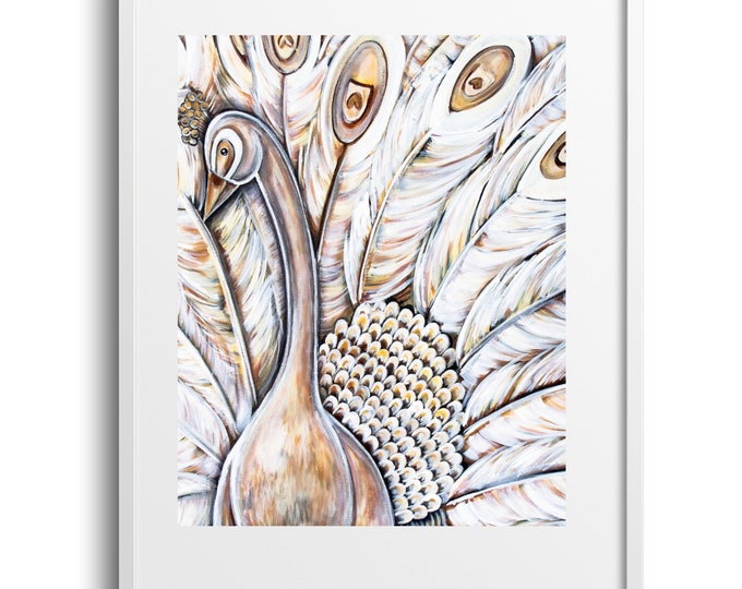 Blanche, Gold White and Cream Peacock Wall Art, Living Room, Bedroom, or Bathroom Decor, Fine Art Print on Canvas, Paper, or Matte