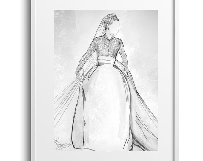 Grace, Wedding Dress Line Art Drawing Wall Decor, Minimal Style Art, Watercolor Reproduction, Various Sizes on Paper, Canvas or Matted Print