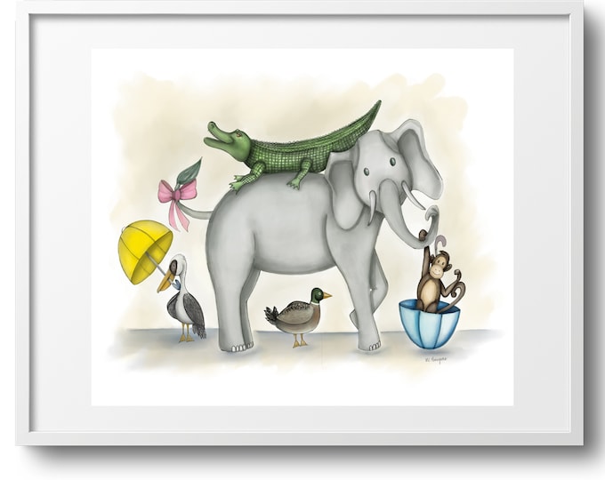 Rain or Shine - Whimsical Animal Friends Watercolor Illustration, Vibrant Colors, Nursery Decor, Various Sizes