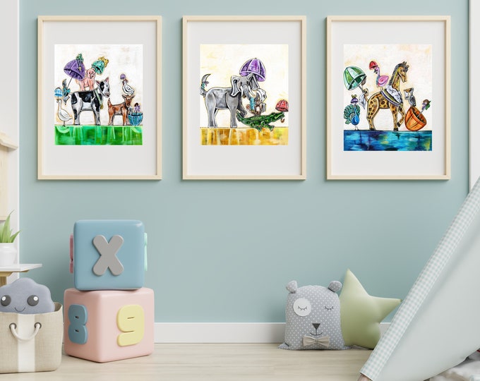 Mardi  Gras Animals Second Line Print Bundle, Set of 3, Whimsical Decor for Kids' Playrooms and Nursery, Sizes Vary