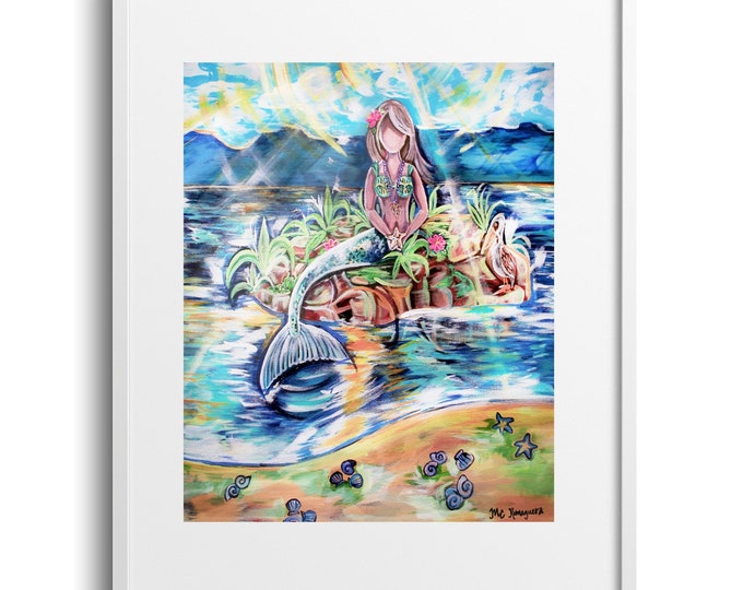 Mermaid, Acrylic Reproduction, Fine Art Print on Canvas, Paper, or Matted Print, Various Sizes, Whimsical Style