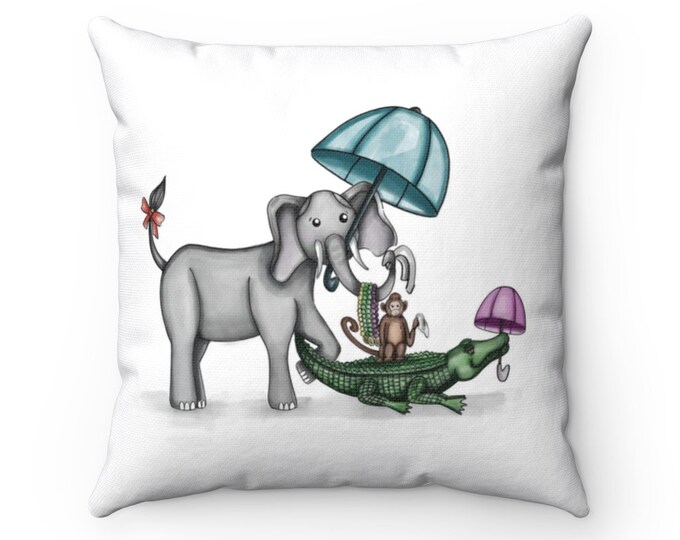 Animal Second Line Pillow , Parading Animal Accent Pillow, Mardi Gras Theme Nola Nursery Decor, Spun Polyester Square Pillow & Cover