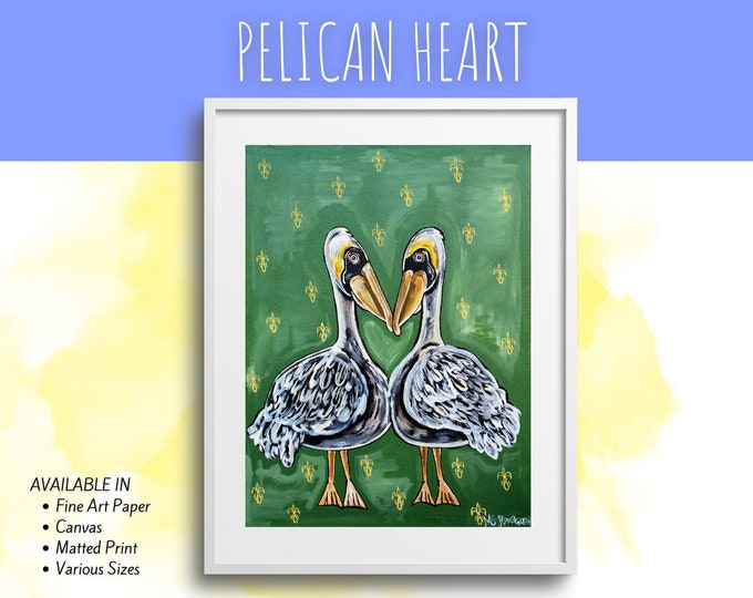 Pelican Heart" Playful Pelican Love Acrylic Painting Fine Art Print - Whimsical Decor for Kids' Rooms!