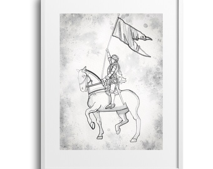 Joan of Arc, Line Art Drawing Wall Decor, Minimal Style Art, Watercolor Reproduction, Various Sizes on Paper, Canvas or Matted Print